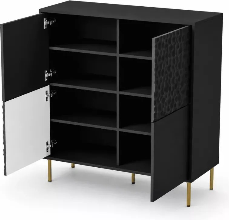 Nowoczesna komoda PULSET KM-2 w czerni z eleganckimi złotymi nóżkami – idealna do salonu lub sypialni
