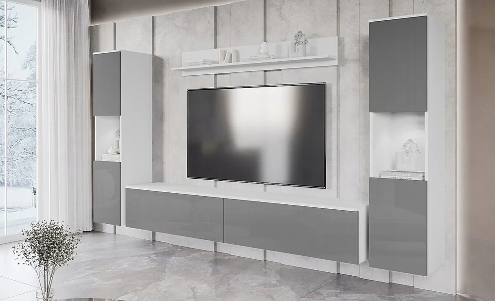 Nowoczesna meblościanka 4-elementowa do salonu z LED, 2 słupki, szafka RTV 180 cm i półka, korpus biały mat, fronty szary połysk