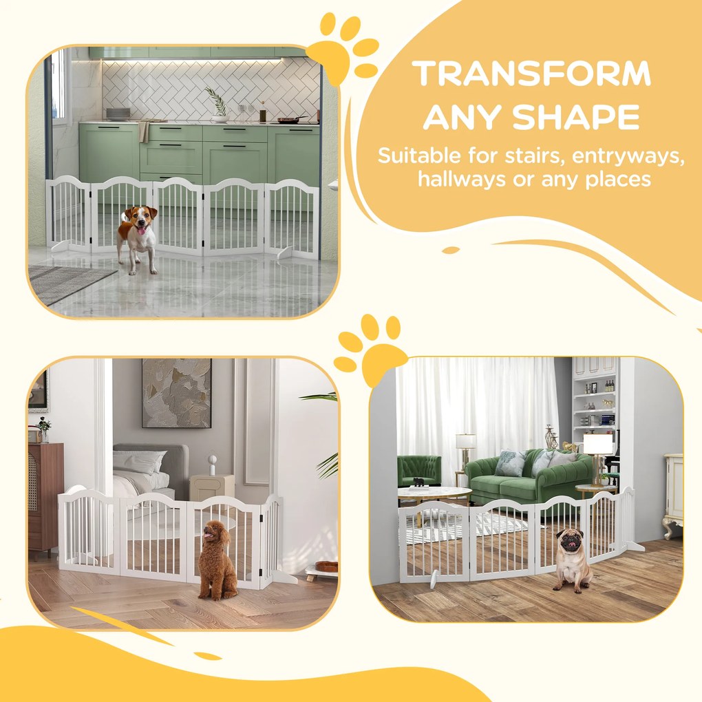 PawHut Składana bramka dla psów 5 paneli elastyczna drewniana biała 2545x295x61 cm | Aosom PL