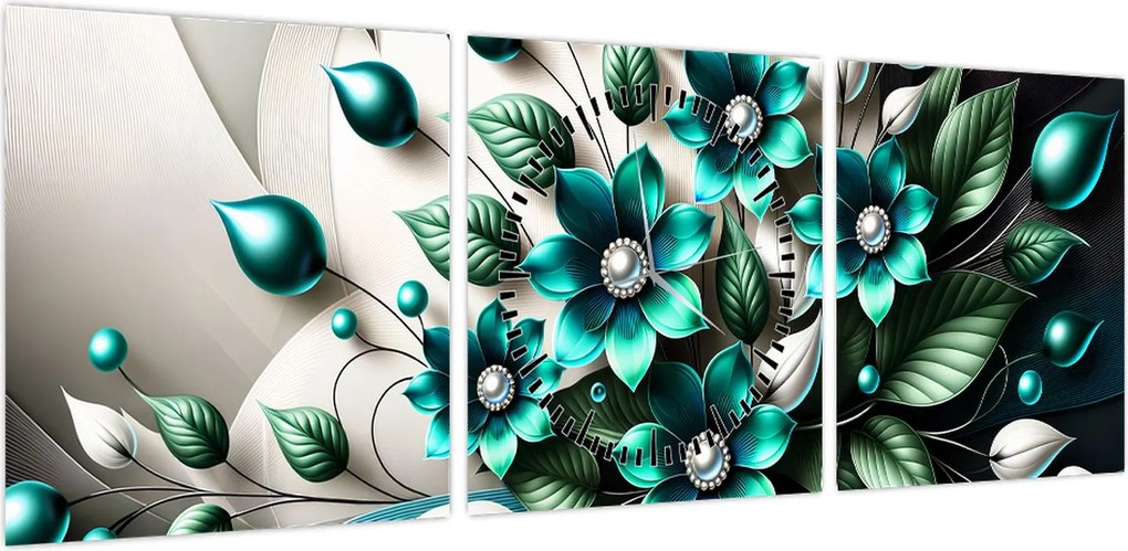 Obraz - 3D turkusowe kwiaty (z zegarem) (90x30 cm)