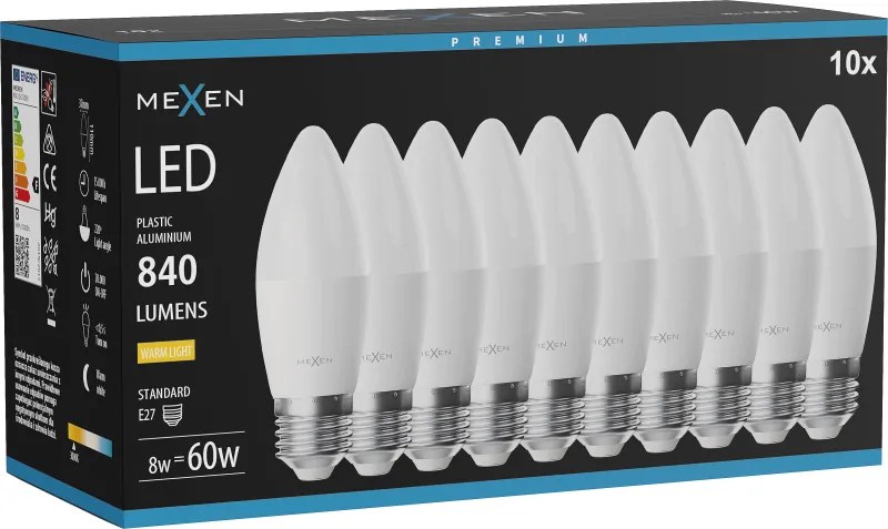 Mexen Nova 10x żarówka LED E27, C37, 8W, Ciepła - 3000K, 840 lm - L102-E27-0830-01x10