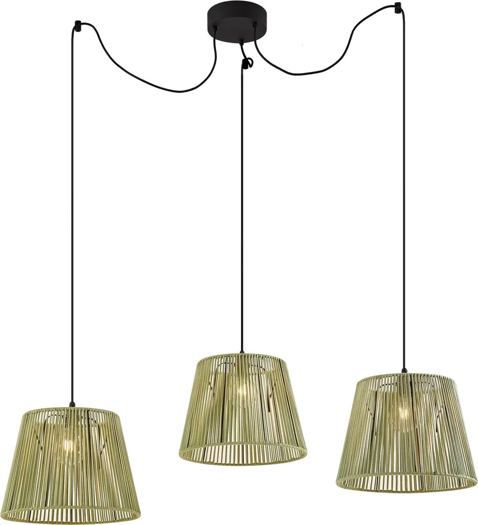 Zewnętrzna lampa wisząca czarna z zielonymi kloszami z liny 3-źródła światła IP44 - Cava Jayla