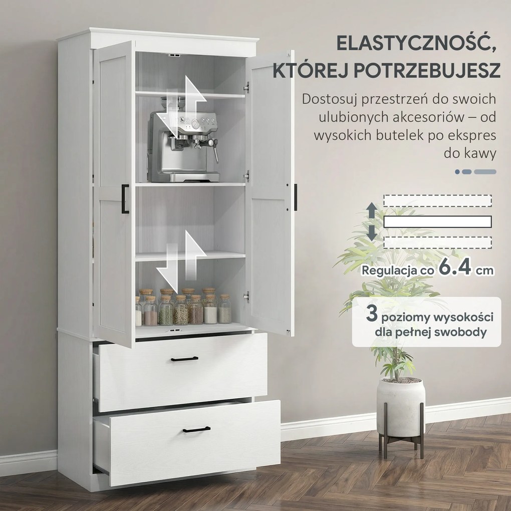 HOMCOM Samodzielnie stojąca szafka kuchenna z regulowanymi półkami i dwoma szerokimi szufladami do salonu, kuchni, Biała