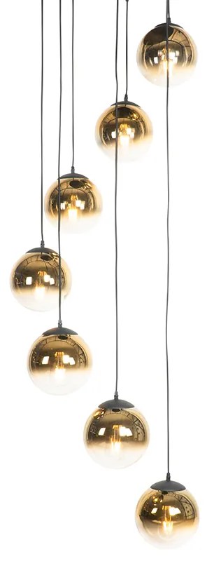 Lampa wisząca w stylu art deco czarna ze szklanymi kulami w kolorze złotym, 7-światłowa - Pallon ArtDeco Oswietlenie wewnetrzne