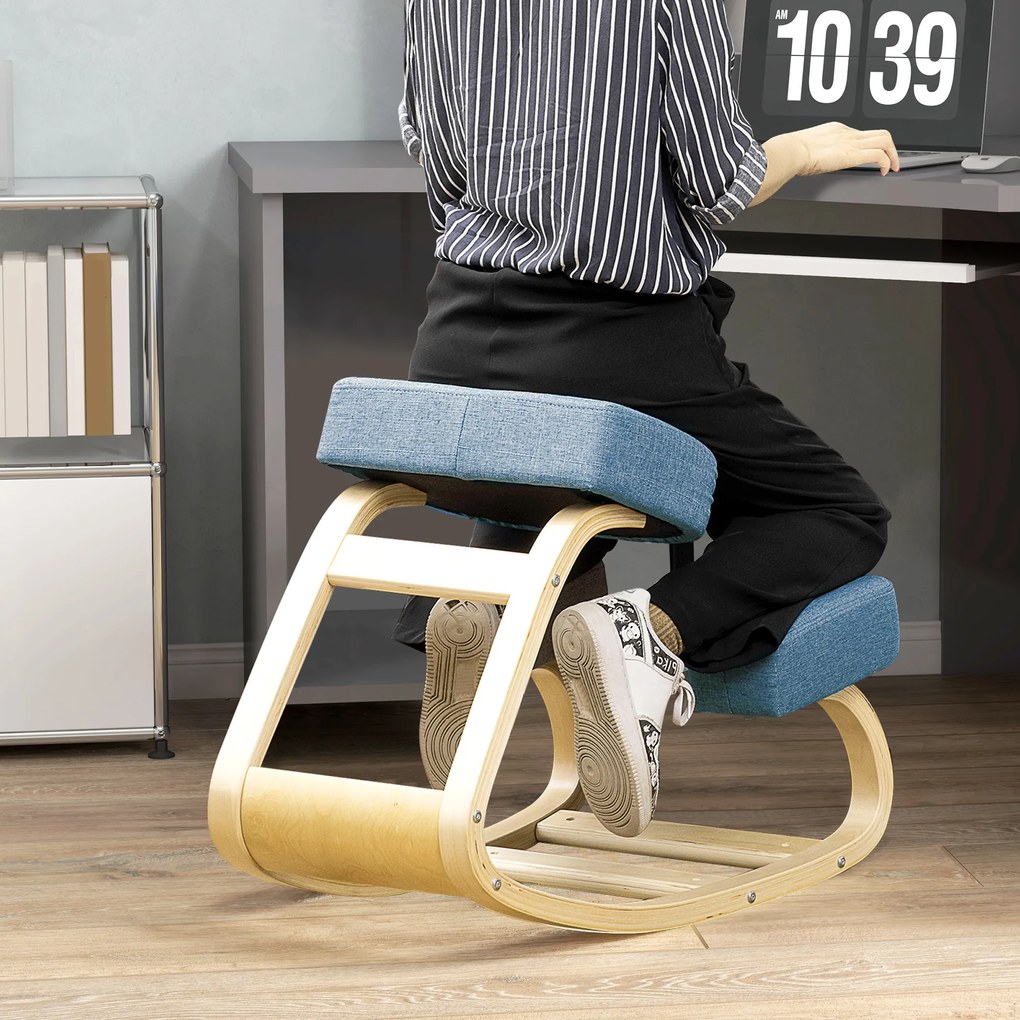 Vinsetto Krzesło klęcznik, ergonomiczny taboret do siedzenia, tapicerowany stołek dla zdrowej postawy, drewno brzozowe, wytrzymałość do 120 kg, niebieski | Aosom PL