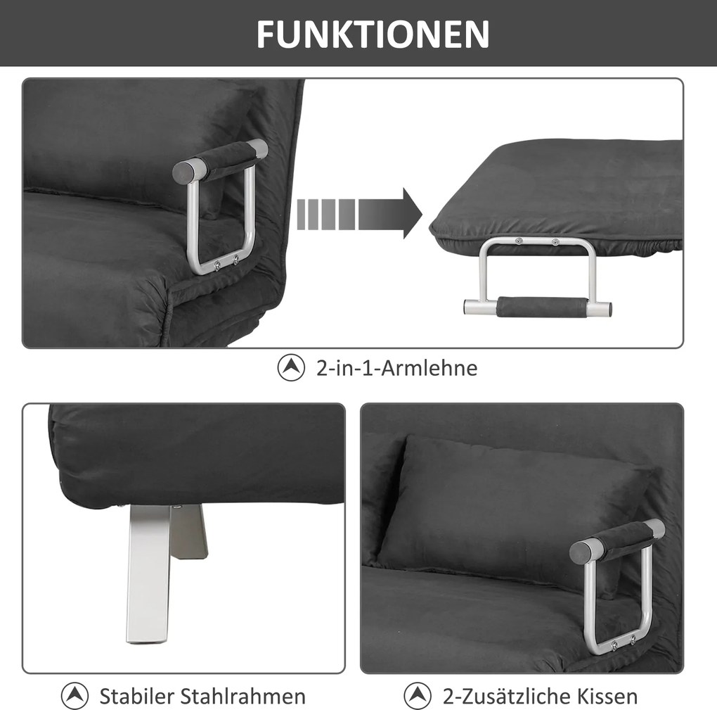 Sofa dwuosobowa rozkładana z funkcją spania łóżko dla gości z podłokietnikami szezlong 3 w 1 szara | Aosom PL