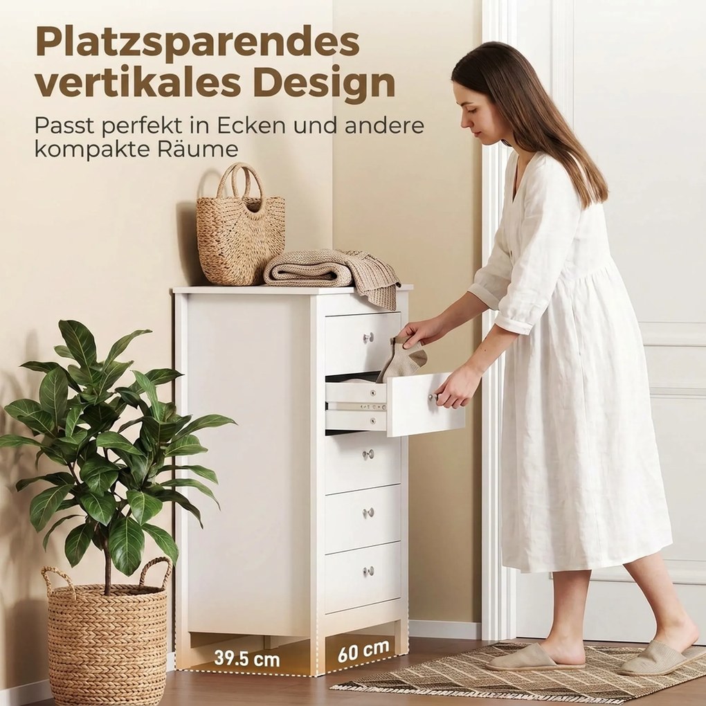 HOMCOM Komoda z 5 szufladami, mebel z łatwo wysuwającymi się prowadnicami do sypialni, 60 x 39,5 x 95,3 cm, Biały | Aosom PL