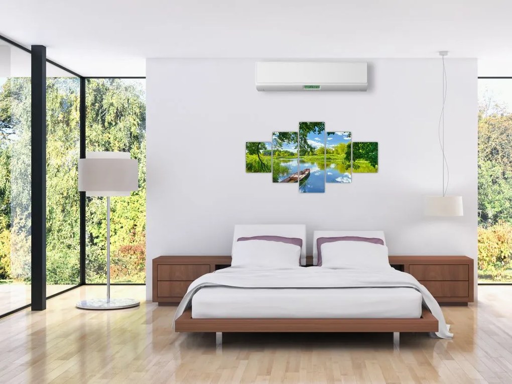 Obraz letniej rzeki z łodzią (125x70 cm)