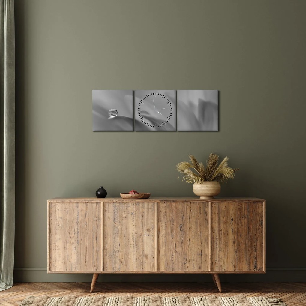 Obraz - Kropla na kwiecie, czarno - biały (z zegarem) (90x30 cm)