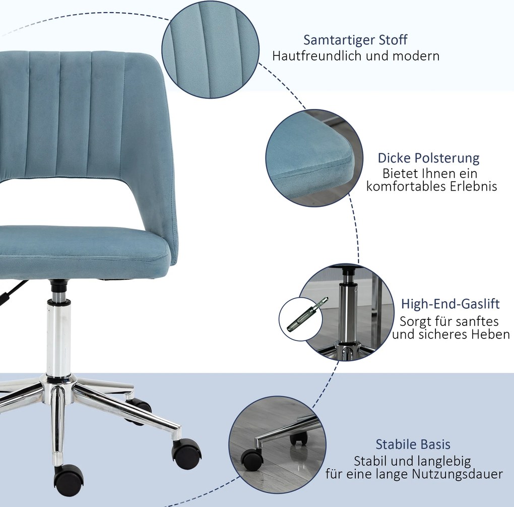 Vinsetto Krzesło Biurowe Obrotowe Kształt Muszli Pielgrzyma Regulowane Aksamitnopodobny Poliester Niebieskie | Aosom PL