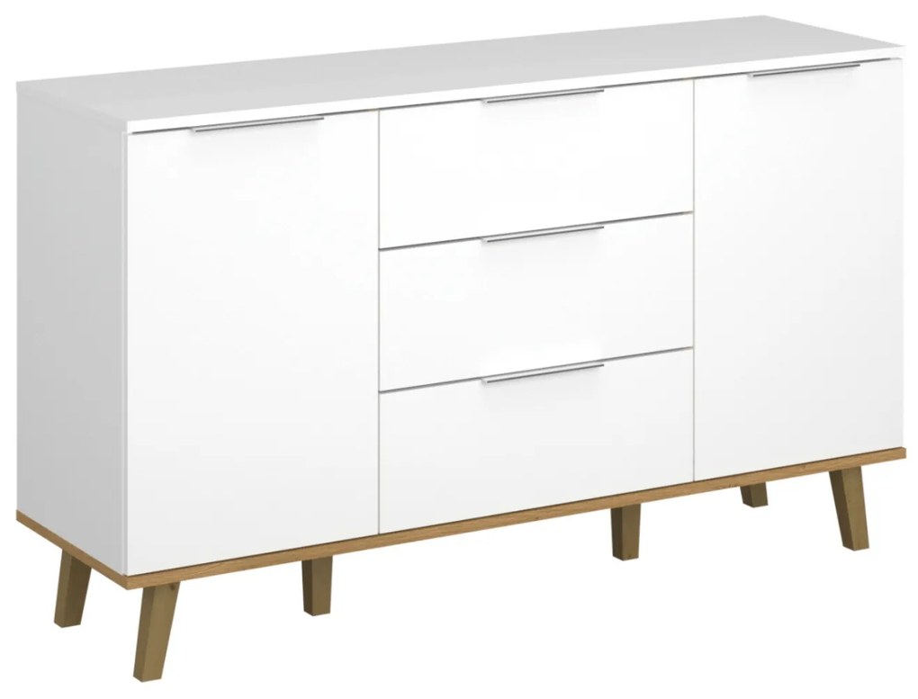 Komoda Dwudrzwiowa z Szufladami do Salonu RADIAN 138 cm Biała / Dąb kamienny Nowoczesna