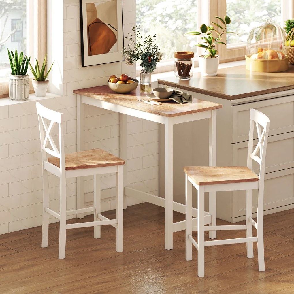 HOMCOM Zestaw 2 stołków barowych z oparciem i podnóżkiem, drewno kauczukowe, do kuchni, jadalni, baru, Dąb+Biały