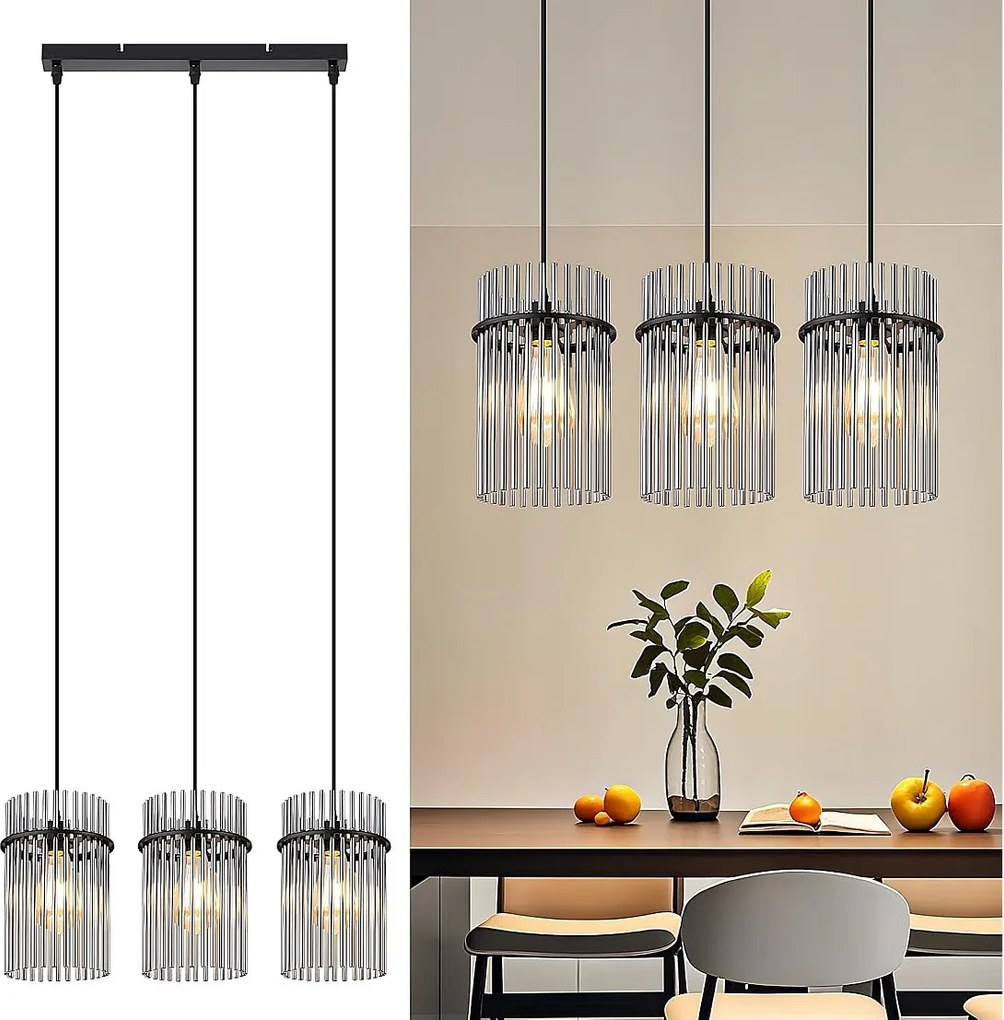 Lampa wisząca Nettlife Vintage Black, szklana, 3 żarówki, gniazdo E27, Ø 16 cm, do stołu jadalnego lub salonu (żarówki nie są dołączone).