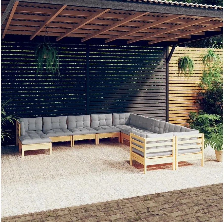 11-elementowy zestaw mebli ogrodowych z drewna sosnowego z szarymi poduszkami - Modularny i wygodny