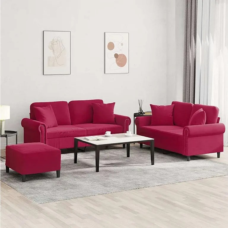 Zestaw 3-częściowy sofa z aksamitu bordowego z poduszkami i pufem, solidna konstrukcja z metalu i sklejki
