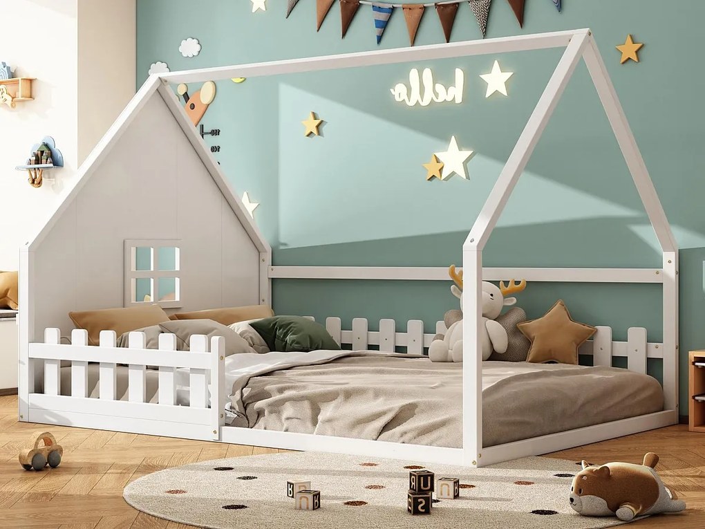 Łóżko domek dla dzieci 140x200 cm - w kształcie domu - z drewna sosnowego i MDF - Białe