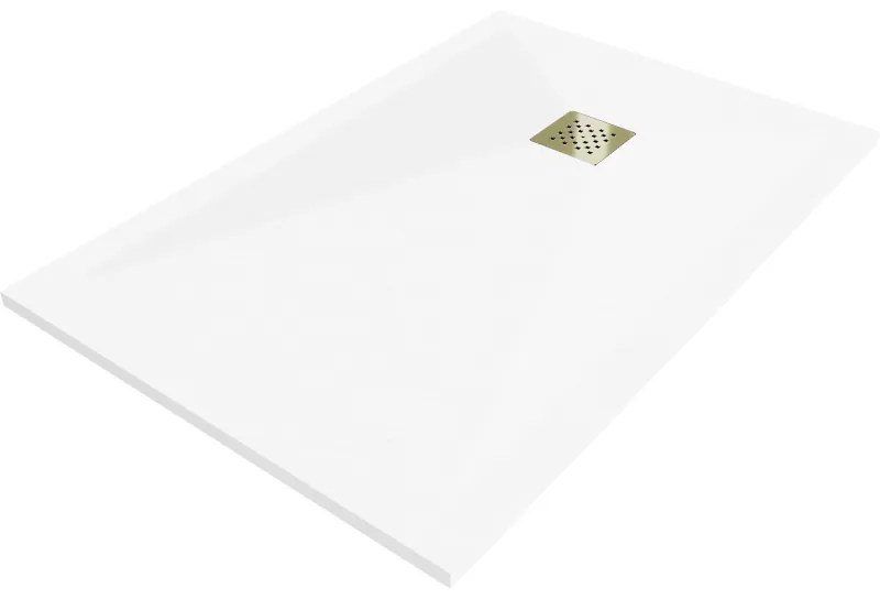 Mexen Stone+ brodzik kompozytowy prostokątny 110 x 70 cm, biały, maskownica złota - 44107011-G