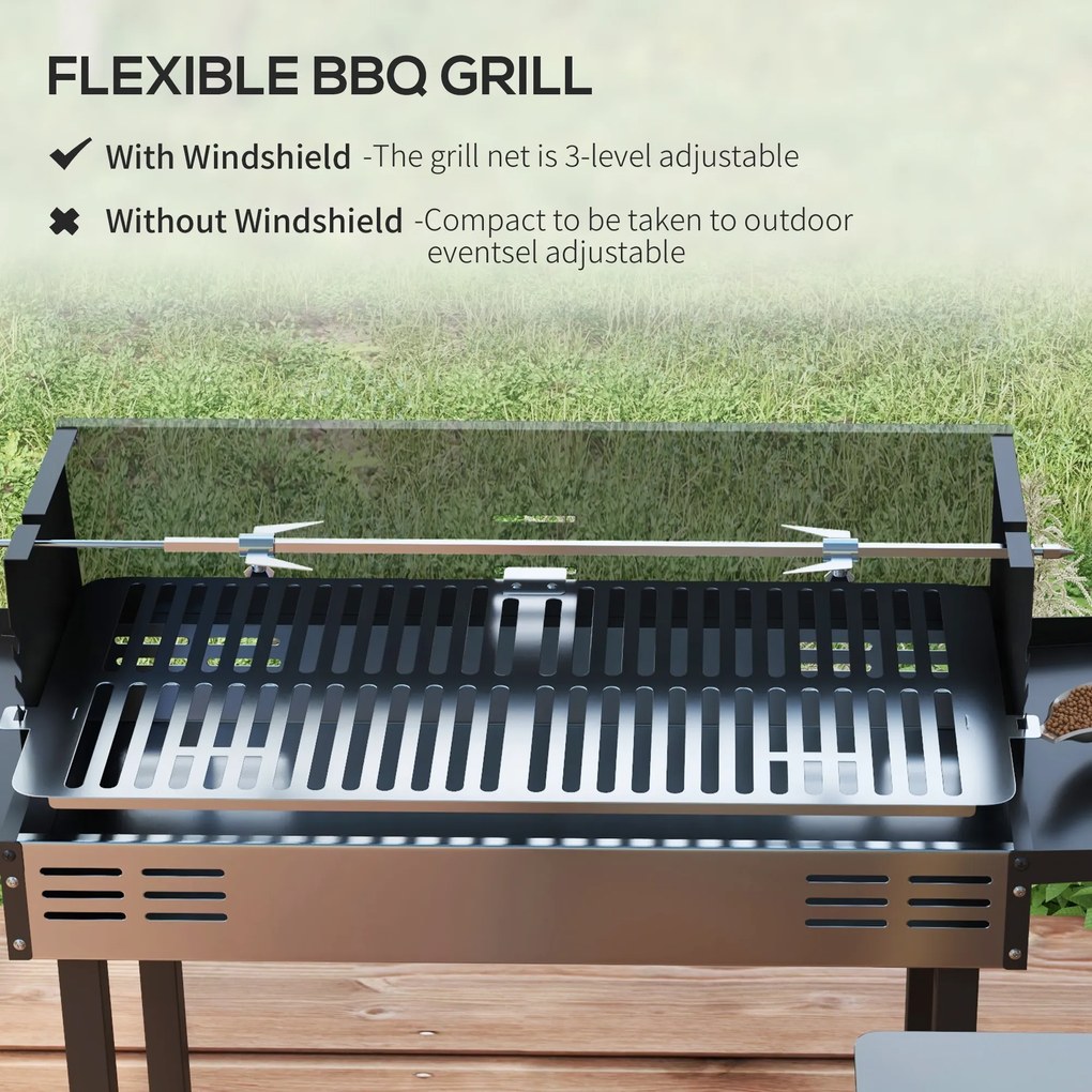 Outsunny Holzkohlegrill Grill BBQ-Grill, regulowany ruszt, 1 rożen, 118 x 32 x 90 cm, Czarny + Srebrny