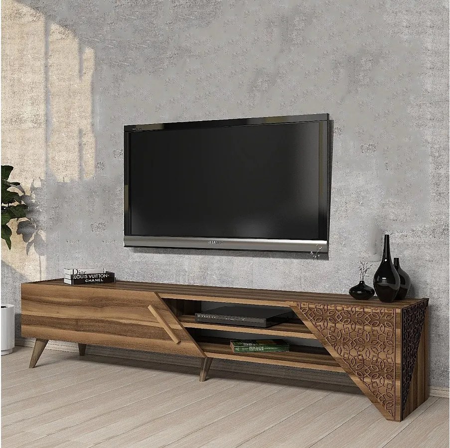 Elegancka szafka pod telewizor – 180 cm x 37 cm x 40 cm – orzech – płyta wiórowa pokryta melaminą