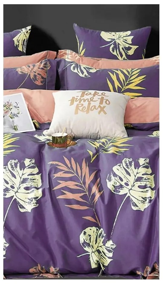 Fioletowa bawełniana pościel dwuosobowa z prześcieradłem (4-częściowa) 200x220 cm Leaves – Mila Home