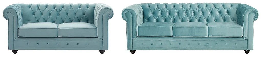 Kanapy 3-osobowa i 2-osobowa z weluru w kolorze pastelowym niebieskim CHESTERFIELD