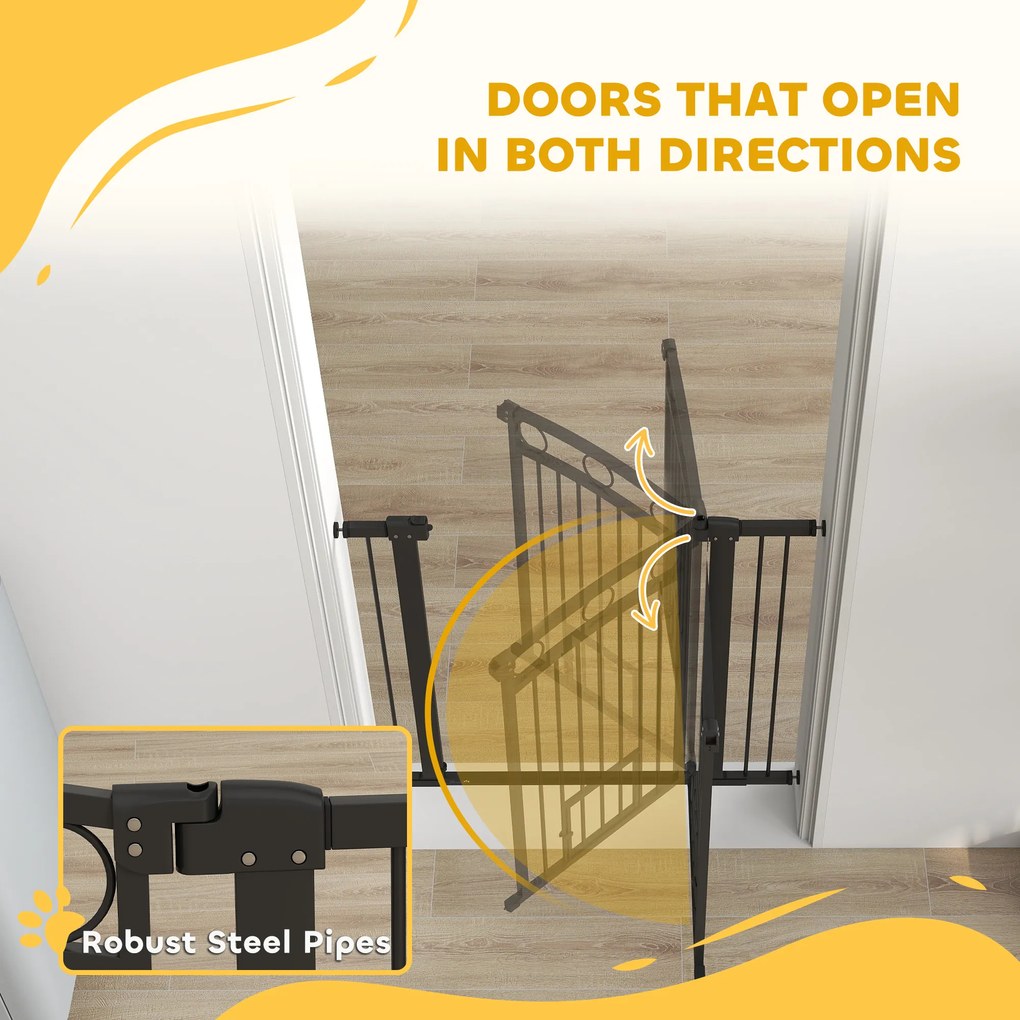 PawHut Bramka dla zwierząt, 96 cm, z regulowaną szerokością 76-104 cm, z drzwiczkami dla kota, do schodów i otworów drzwiowych, czarna