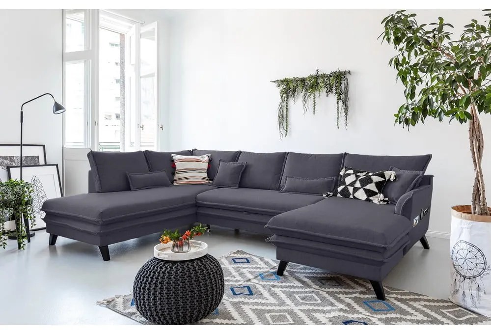 Antracytowa rozkładana sofa w kształcie litery "U" Miuform Charming Charlie, lewostronna