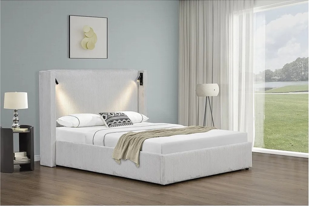 Podwójne łóżko z aksamitu sztruksowego z pojemnikiem i wbudowaną lampą "Cortina" - 160 x 200 cm - Beżowy