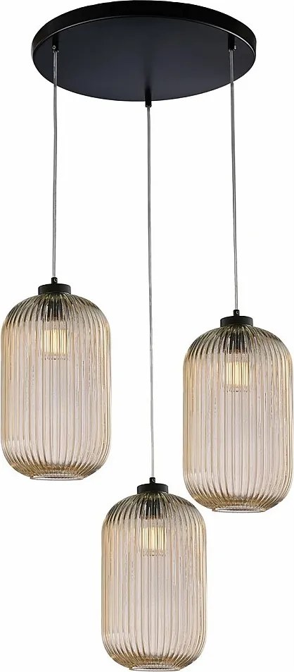 Lampa wisząca Krizia z czarnego lakierowanego żelaza, regulowane kable, klosze z bursztynowego szkła dmuchanego z wzorem w paski, 3 światła
