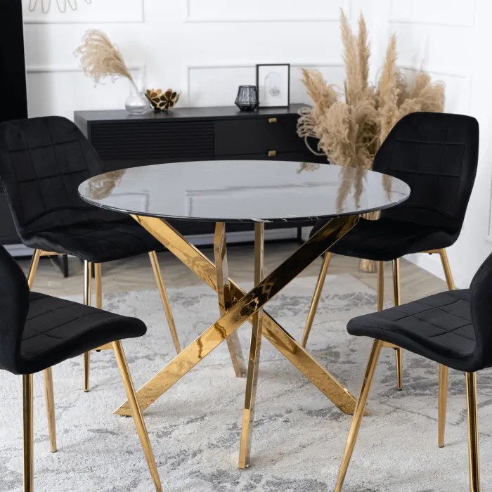 Stół Okrągły Szklany BALI 100 cm Czarny Marmur/Złoty Glamour