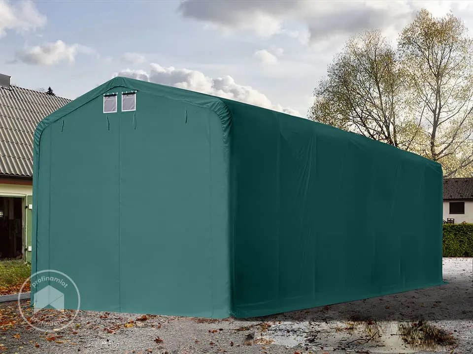 TOOLPORT 4x16m Namiot garażowy - 3,35 m wysokość ścian bocznych z 3,5x3,5m brama, PVC 850, ciemnozielony, bez statyki - (99517)