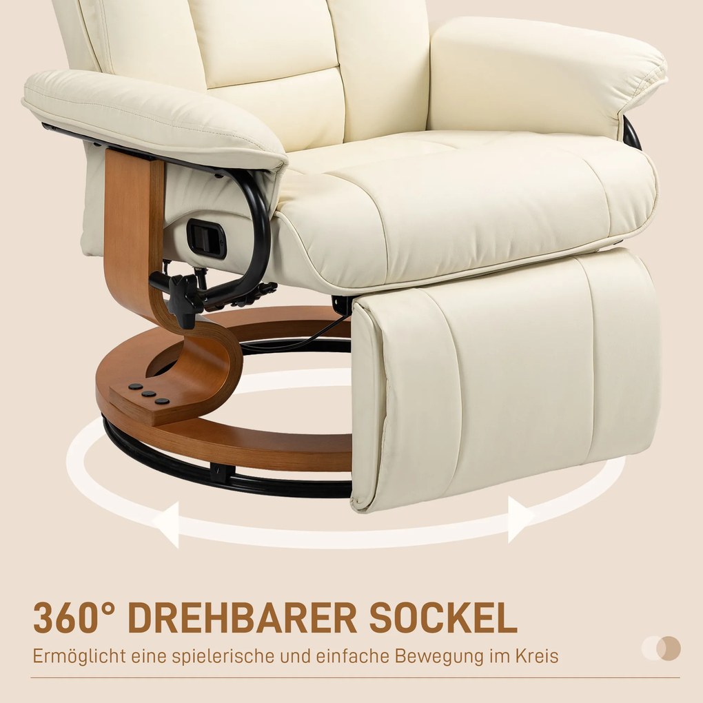 HOMCOM Obrotowy fotel relaksacyjny z funkcją leżenia, do 150 kg, obicie z ekoskóry, rama stalowa, kremowy