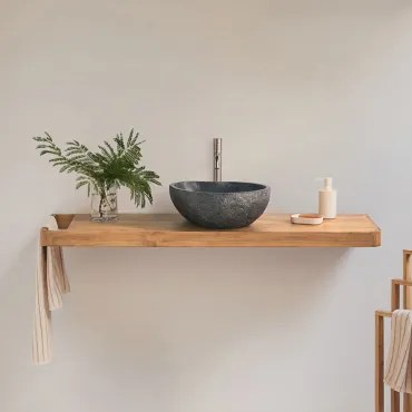 Zestaw Mebli Łazienkowych 130x45 Cm Wiszący Z Drewna Tekowego Neill Drewno Tekowe & Nieregularna Z Czarnego Cementu - Sklum