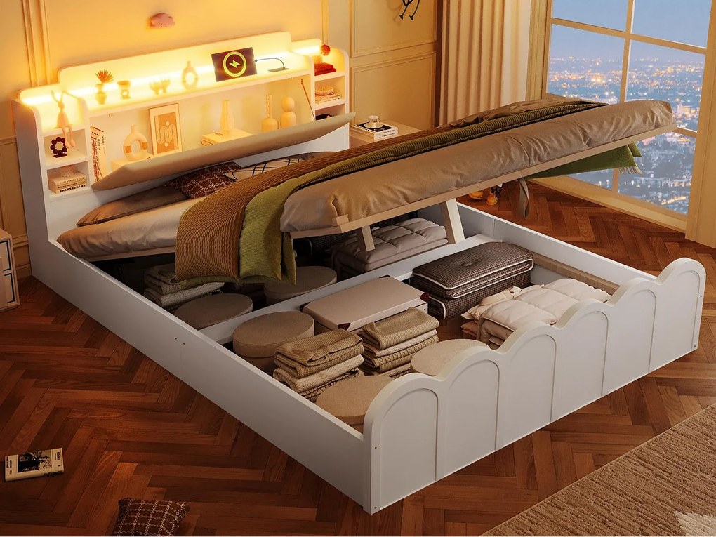 Łóżko z pojemnikiem 140x200 cm - z portem USB Type-C - z oświetleniem LED - wielofunkcyjne miejsce do przechowywania - biały​ (materac nie jest wliczony w cenę)