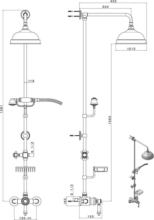 Zestaw prysznicowy z mosiądzu w kolorze brązu z baterią, deszczownicą i słuchawką prysznicową 129 cm Vienna – Sapho