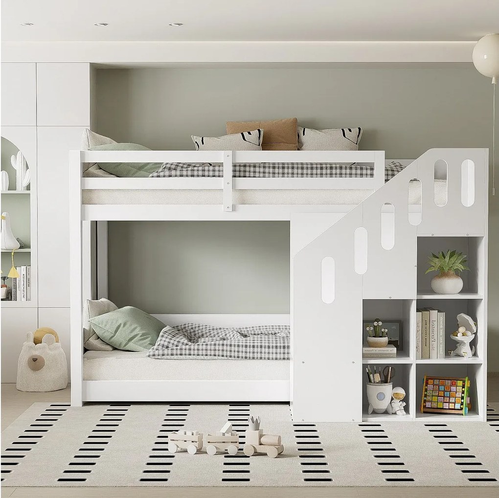 Łóżka piętrowe dla dzieci - 2 x 90 x 200 cm - schody z półkami + barierka - drewno - białe
