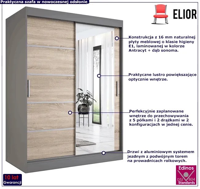 Szafa przesuwna 150 cm antracyt + dąb sonoma F1-B21