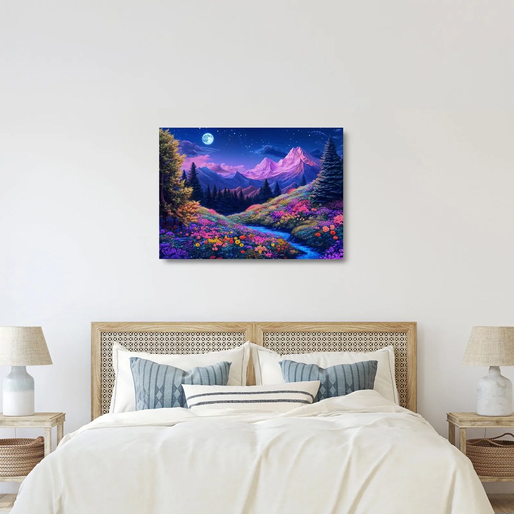 Obraz na szkle - Fioletowy krajobraz przy pełni księżyca (70x50 cm)