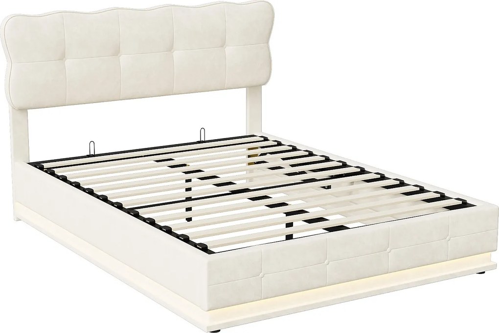 Łóżko z pojemnikiem dla dorosłych 140x190 cm z beżowego aksamitu z hydraulicznym schowkiem i wbudowanym oświetleniem LED