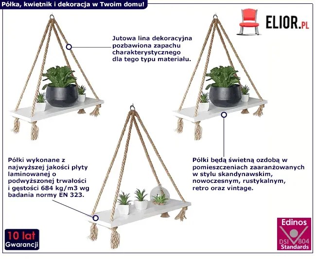 Biała półka na sznurkach 3 szt Hexi
