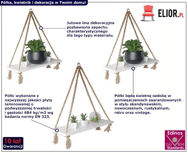 Biała półka na sznurkach 3 szt - Linet 3X