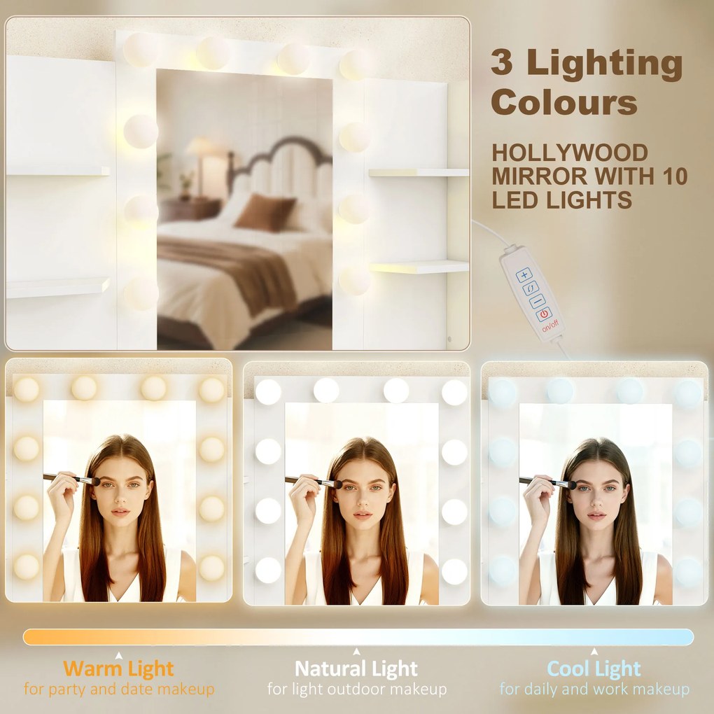 HOMCOM Toaletka z podświetlanym lustrem i tapicerowanym stołkiem, zestaw do makijażu z 6 szufladami i półkami, Biały | Aosom PL