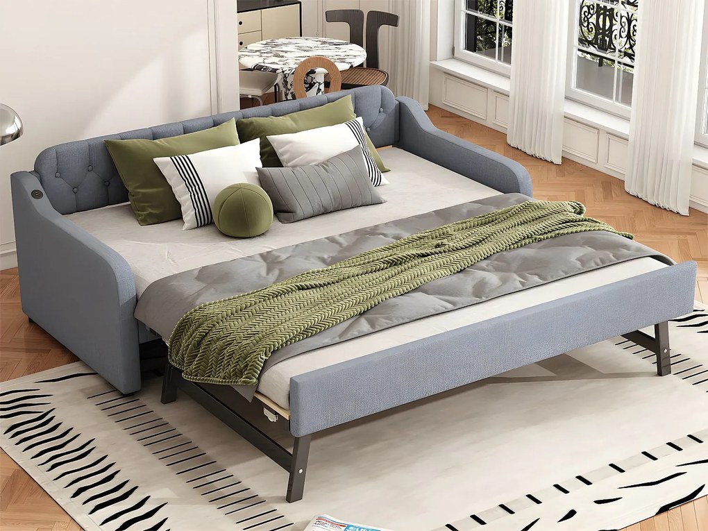 Łóżko piętrowe 90x200cm - z portem USB - tkanina lniana - szary