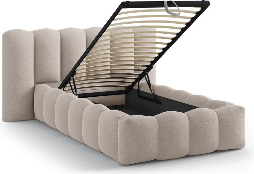 Jasnobrązowe tapicerowane łóżko jednoosobowe ze schowkiem i stelażem 90x200 cm Lupine – Micadoni