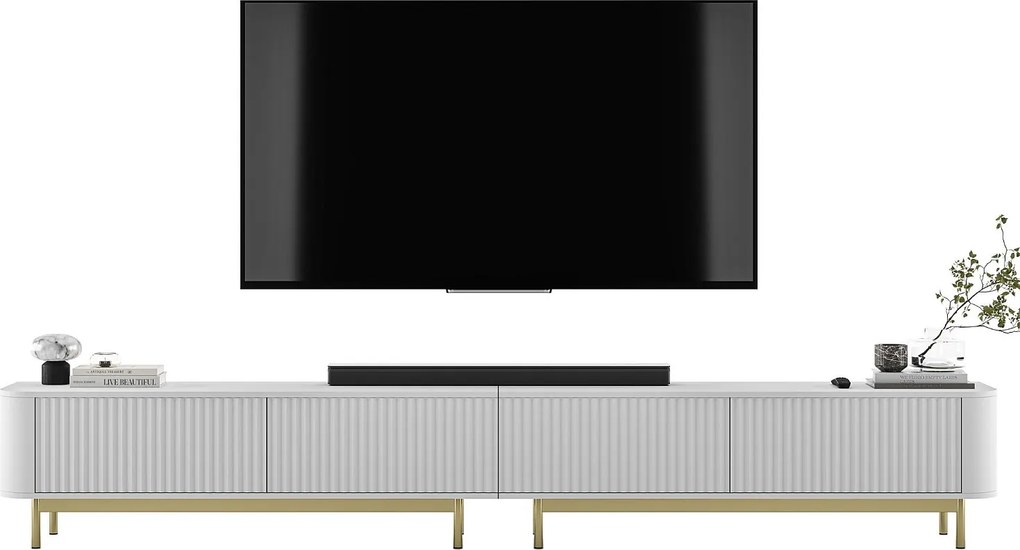 Szafka RTV 4-drzwiowa, fronty ryflowane, biały mat, złote metalowe nogi, 280 cm - AURORA