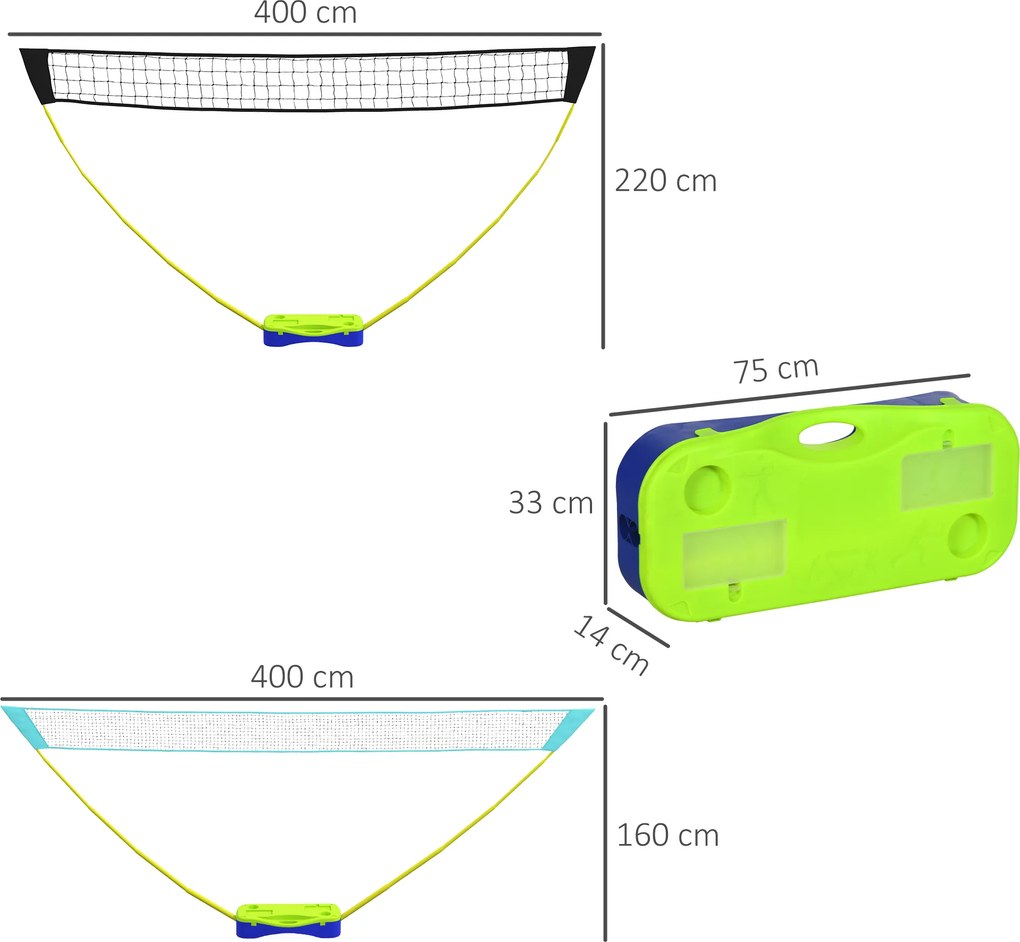 SPORTNOW Zestaw Siatka do Badmintona Zestaw Siatka do Siatkówki, 3-częściowy, 400 cm x 22,4 cm x 155 cm, Czarny + Niebieski + Zielony