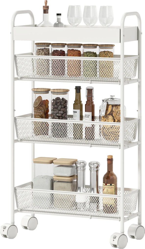 HOMCOM Wózek kuchenny metalowy, 3 kosze, wąski design, 4 koła, do kuchni, salonu, łazienki, biały