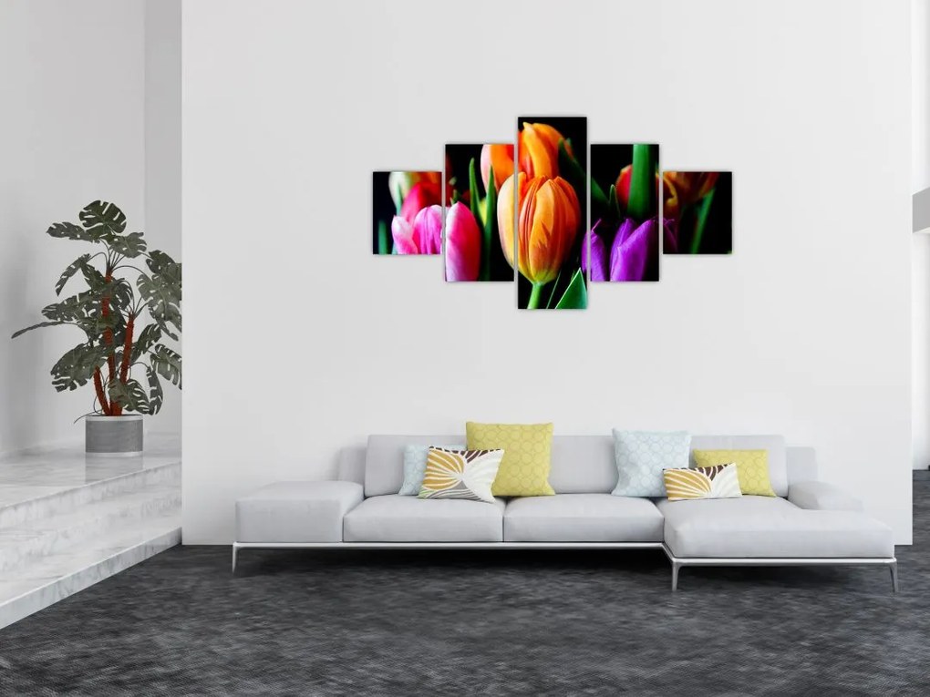 Obraz tulipanów na czarnym tle (125x70 cm)