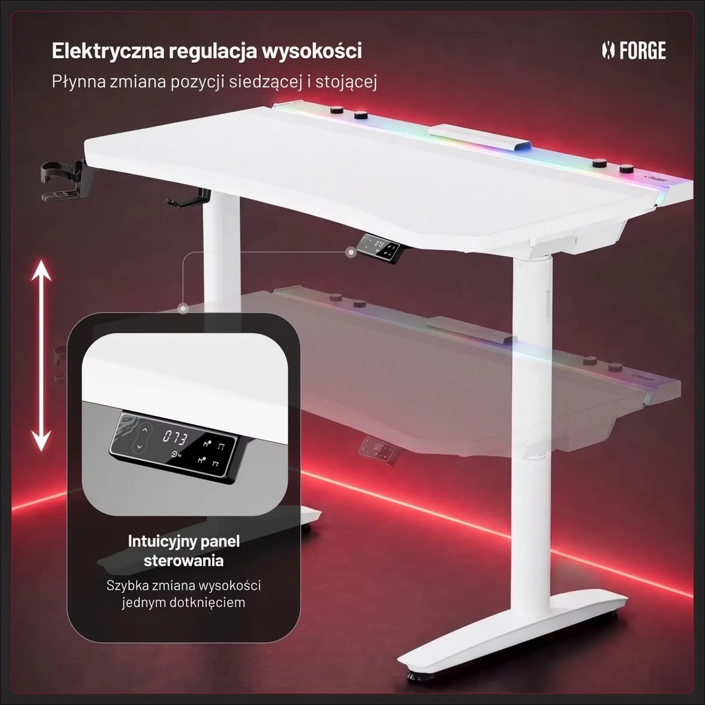 Elektryczne biurko dla graczy RGB Diablo X-Forge, 140x70 cm, białe