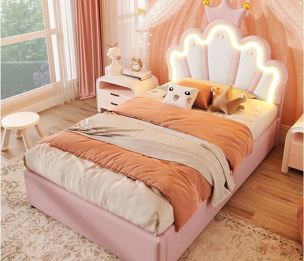 Łóżko dziecięce tapicerowane 90×200 cm - łóżko ze schowkiem - z taśmą LED - regulowane zagłówek - różowe (materac nie jest zawarty)